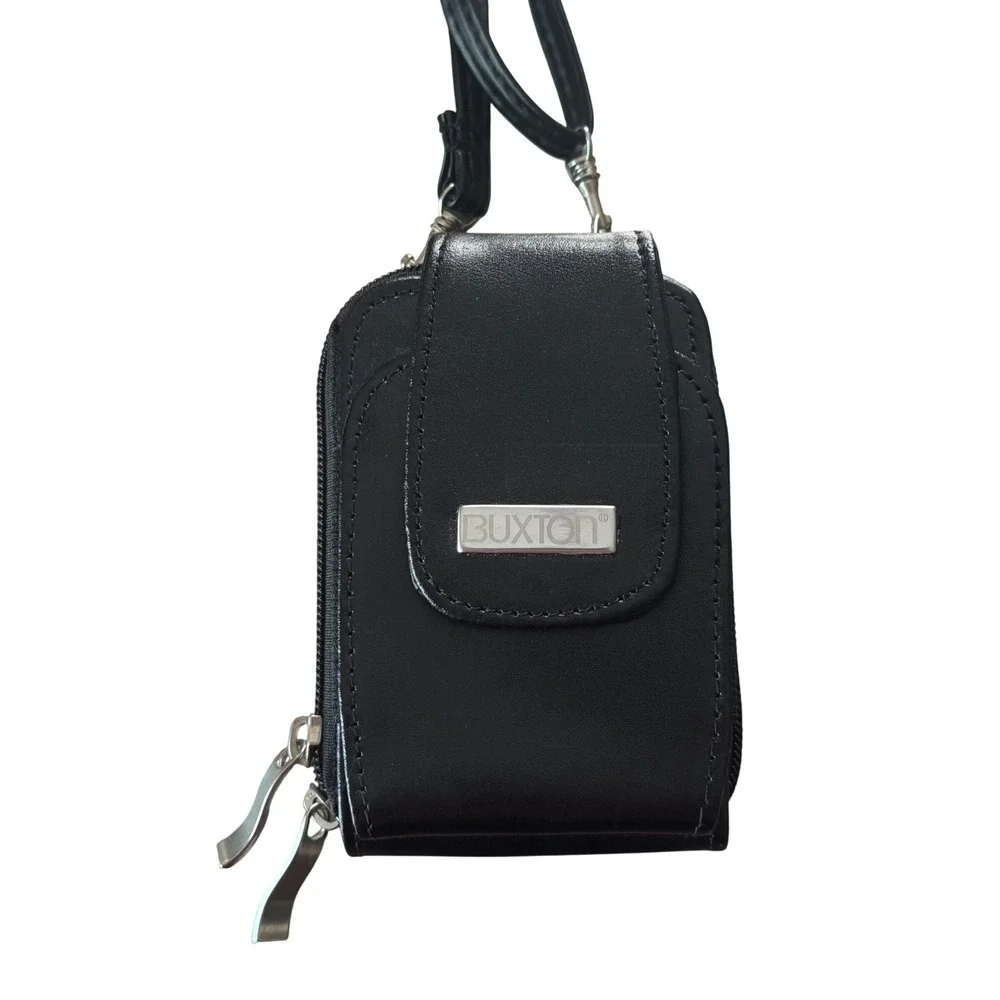 Buxton Black Leather Organizer Crossbody Wallet Purse Accordion Compartments